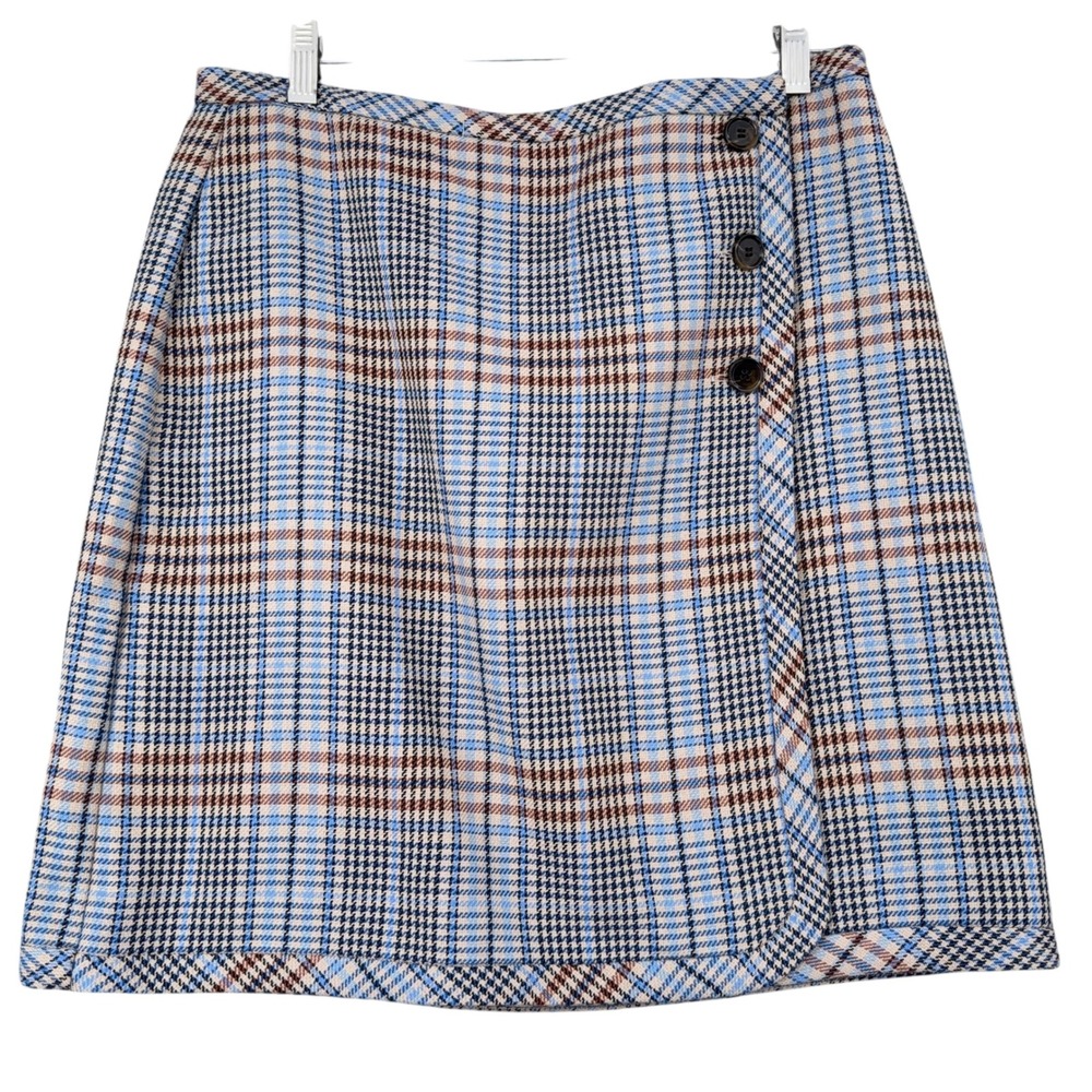 Talbots Petite Blue Tan Glen Plaid Side Button‎ A-Line Skirt 10P ID245 04/24